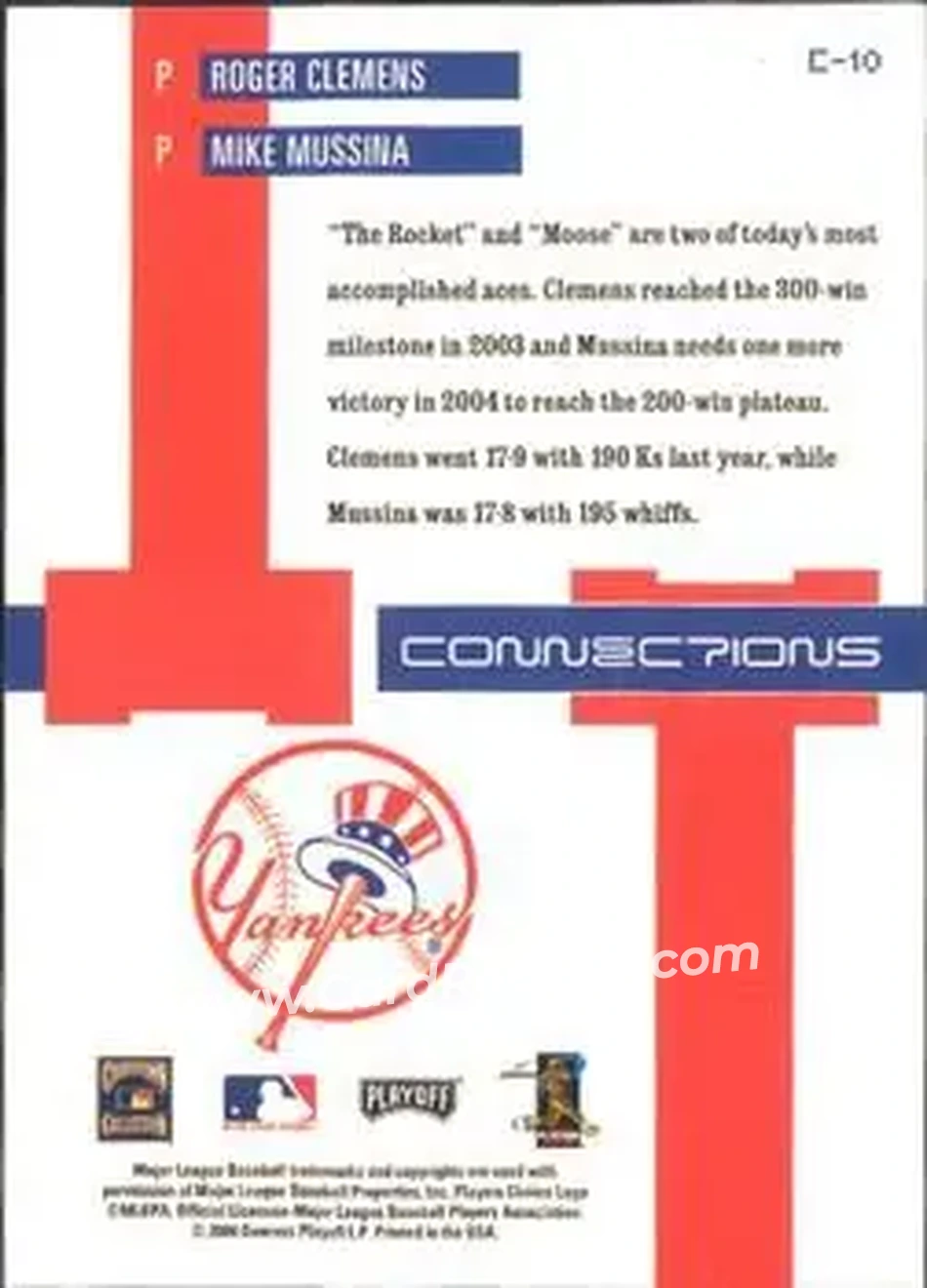 2004 Playoff Prestige - Connections #C-10 - Roger Clemens - Mike Mussina - New York Yankees - Back