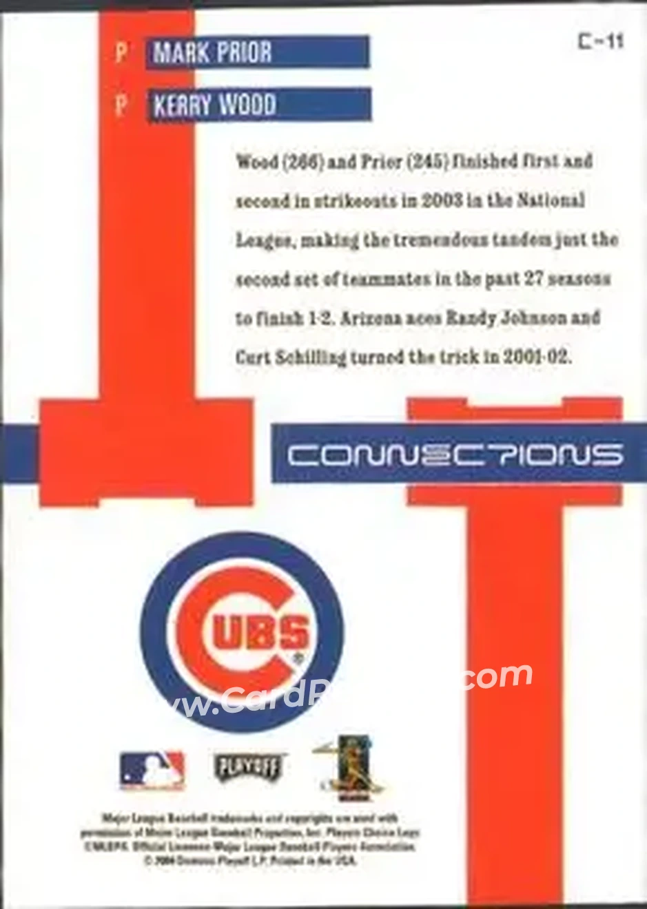 2004 Playoff Prestige - Connections #C-11 - Mark Prior - Kerry Wood - Chicago Cubs - Back 2004 Playoff Prestige - Connections #C-11 - Mark Prior - Kerry Wood - Chicago Cubs - Back