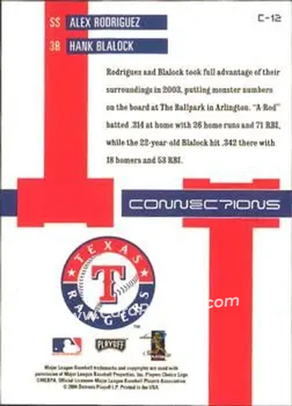 2004 Playoff Prestige - Connections #C-12 - Alex Rodriguez - Hank Blalock - Texas Rangers - Back 2004 Playoff Prestige - Connections #C-12 - Alex Rodriguez - Hank Blalock - Texas Rangers - Back