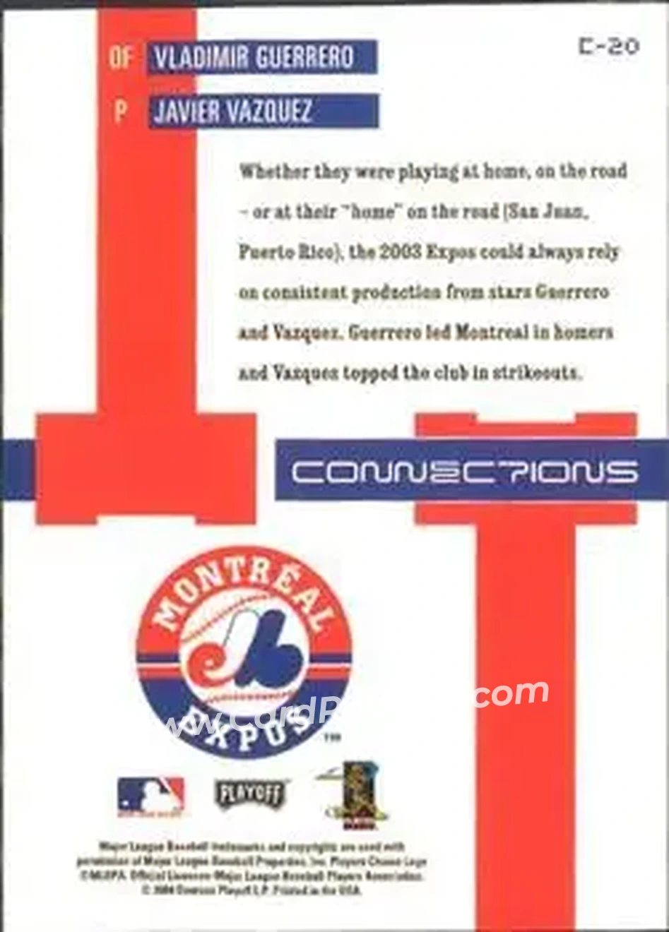2004 Playoff Prestige - Connections #C-20 - Vladimir Guerrero - Javier Vazquez - Montreal Expos - Back