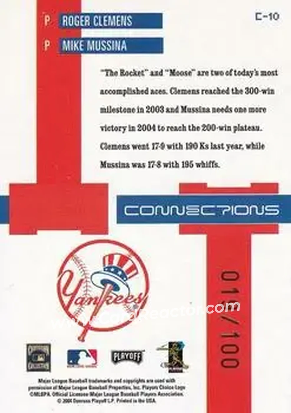 2004 Playoff Prestige - Connections Century Foil #C-10 - Roger Clemens - Mike Mussina - New York Yankees - Back