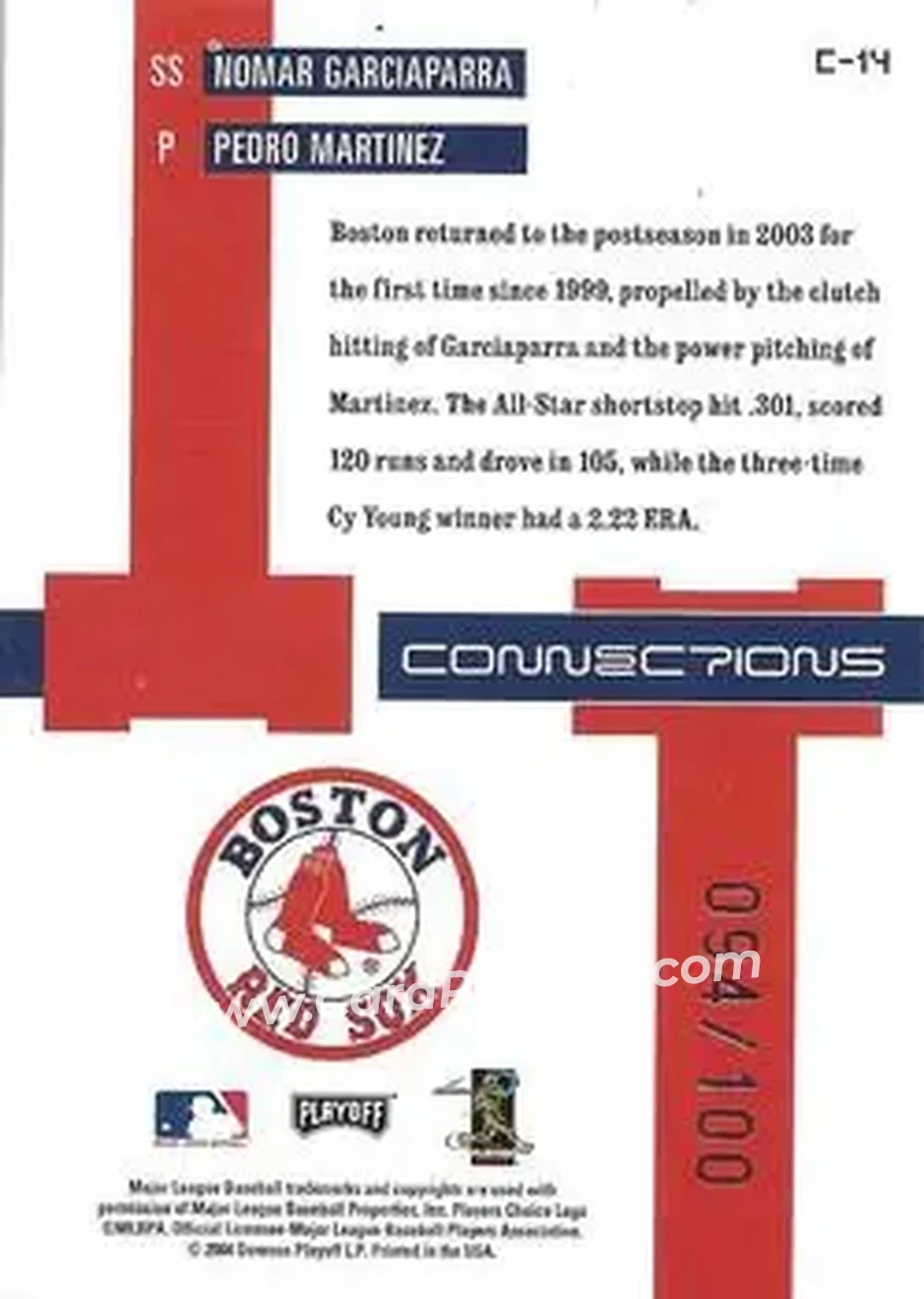 2004 Playoff Prestige - Connections Century Foil #C-14 - Nomar Garciaparra - Pedro Martinez - Boston Red Sox - Back