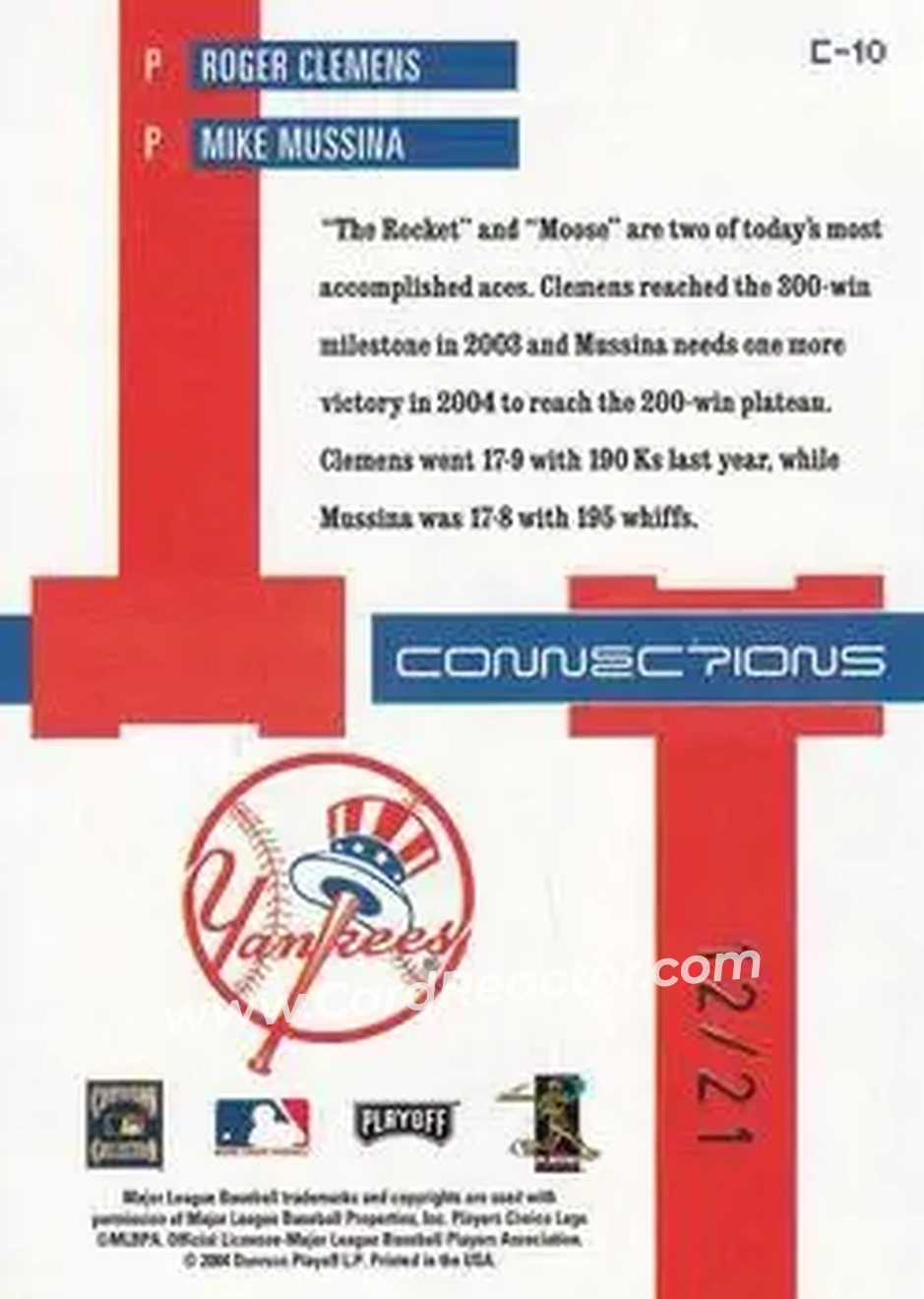 2004 Playoff Prestige - Connections Century Holo-Foil #C-10 - Roger Clemens - Mike Mussina - New York Yankees - Back