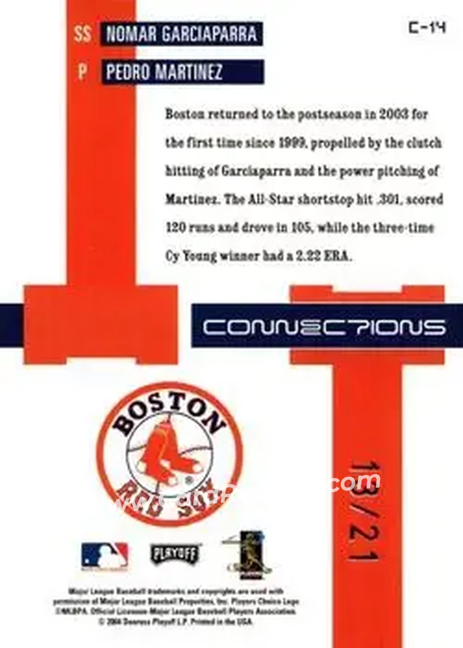 2004 Playoff Prestige - Connections Century Holo-Foil #C-14 - Nomar Garciaparra - Pedro Martinez - Boston Red Sox - Back