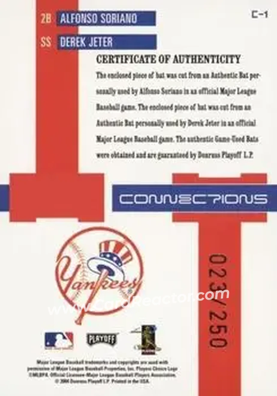 2004 Playoff Prestige - Connections Material #C-1 - Derek Jeter - Alfonso Soriano - New York Yankees - Back