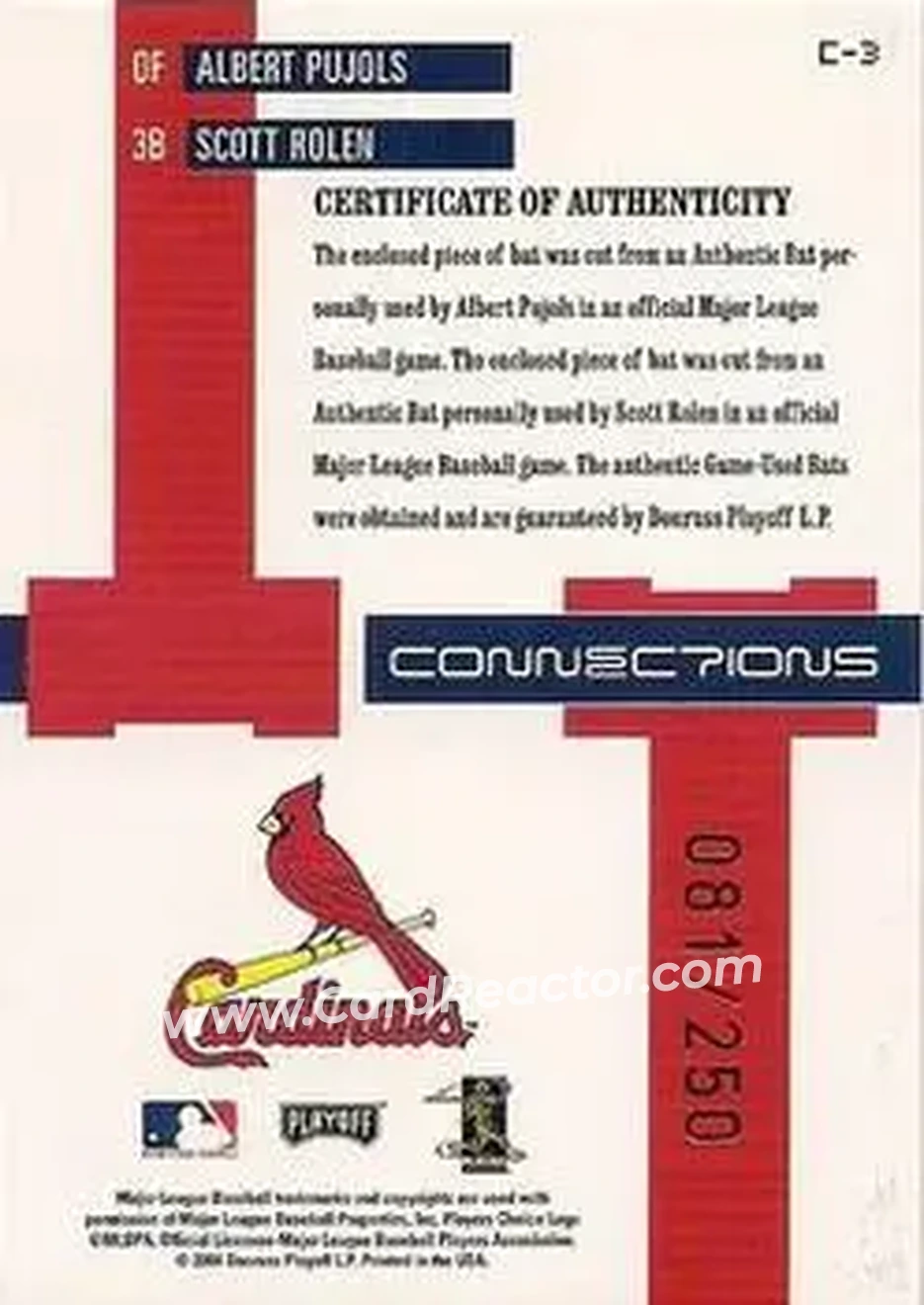2004 Playoff Prestige - Connections Material #C-3 - Albert Pujols - Scott Rolen - St. Louis Cardinals - Back