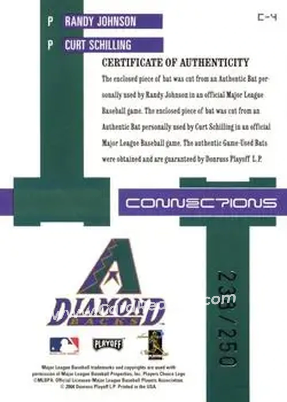 2004 Playoff Prestige - Connections Material #C-4 - Randy Johnson - Curt Schilling - Arizona Diamondbacks - Back