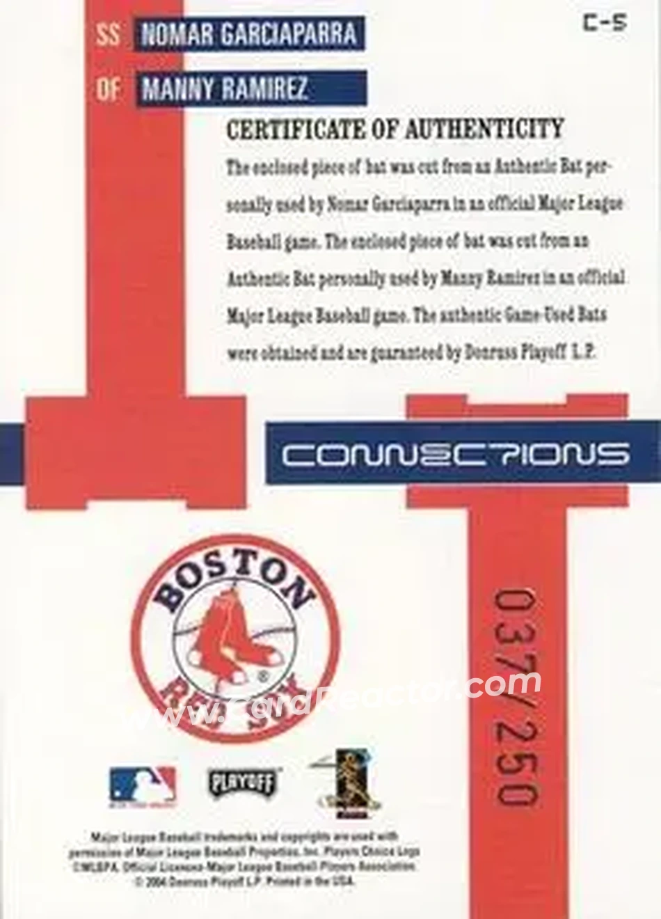 2004 Playoff Prestige - Connections Material #C-5 - Nomar Garciaparra - Manny Ramirez - Boston Red Sox - Back 2004 Playoff Prestige - Connections Material #C-5 - Nomar Garciaparra - Manny Ramirez - Boston Red Sox - Back