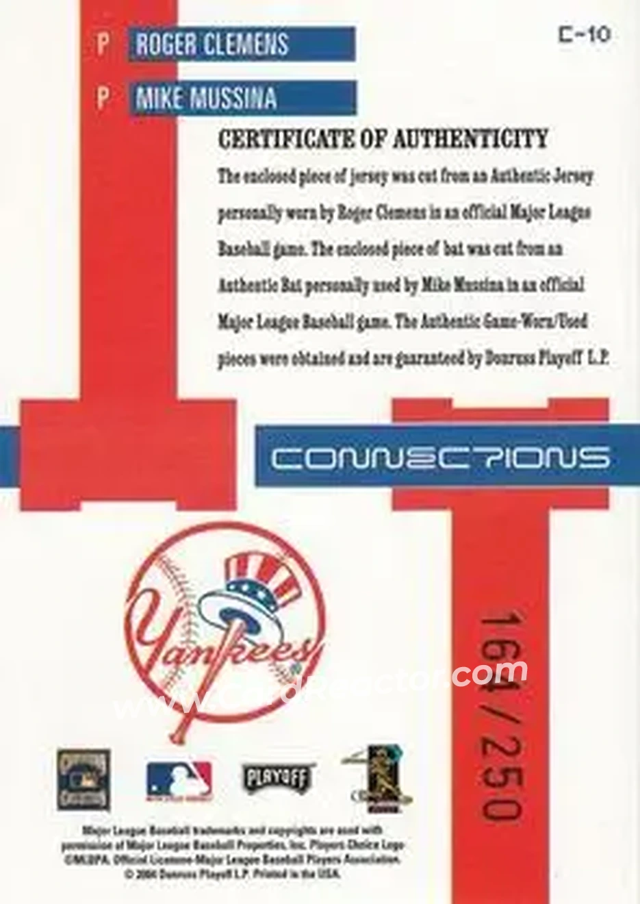 2004 Playoff Prestige - Connections Material #C-10 - Roger Clemens - Mike Mussina - New York Yankees - Back
