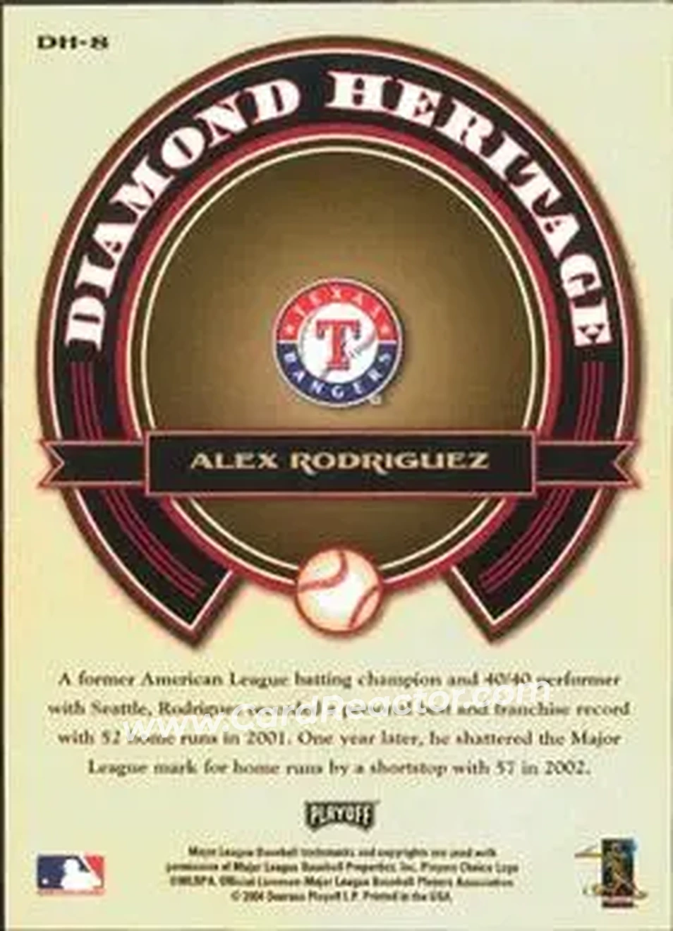 2004 Playoff Prestige - Diamond Heritage #DH-8 - Alex Rodriguez - Texas Rangers - Back