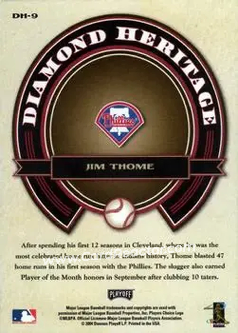 2004 Playoff Prestige - Diamond Heritage #DH-9 - Jim Thome - Philadelphia Phillies - Back