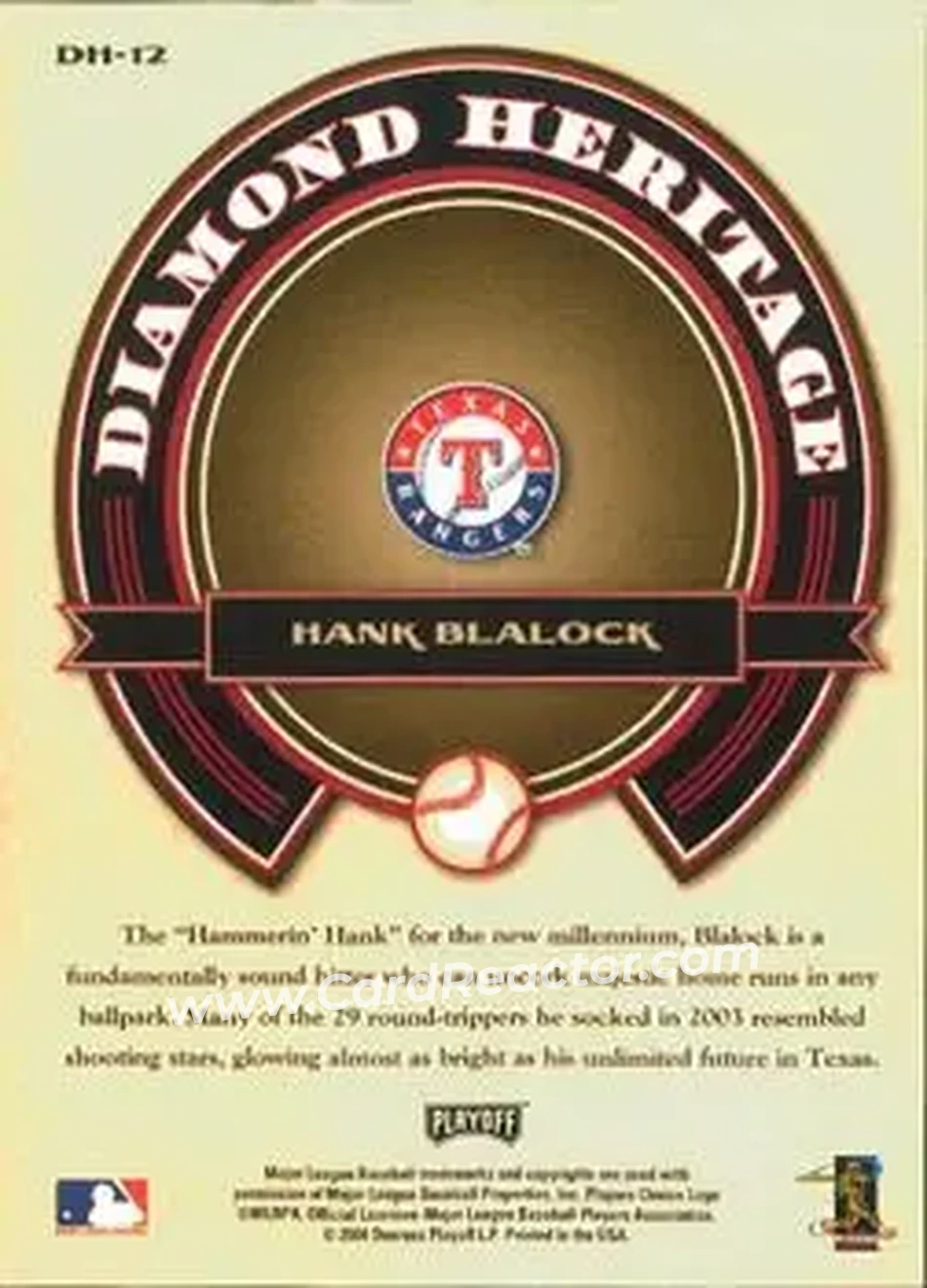 2004 Playoff Prestige - Diamond Heritage #DH-12 - Hank Blalock - Texas Rangers - Back