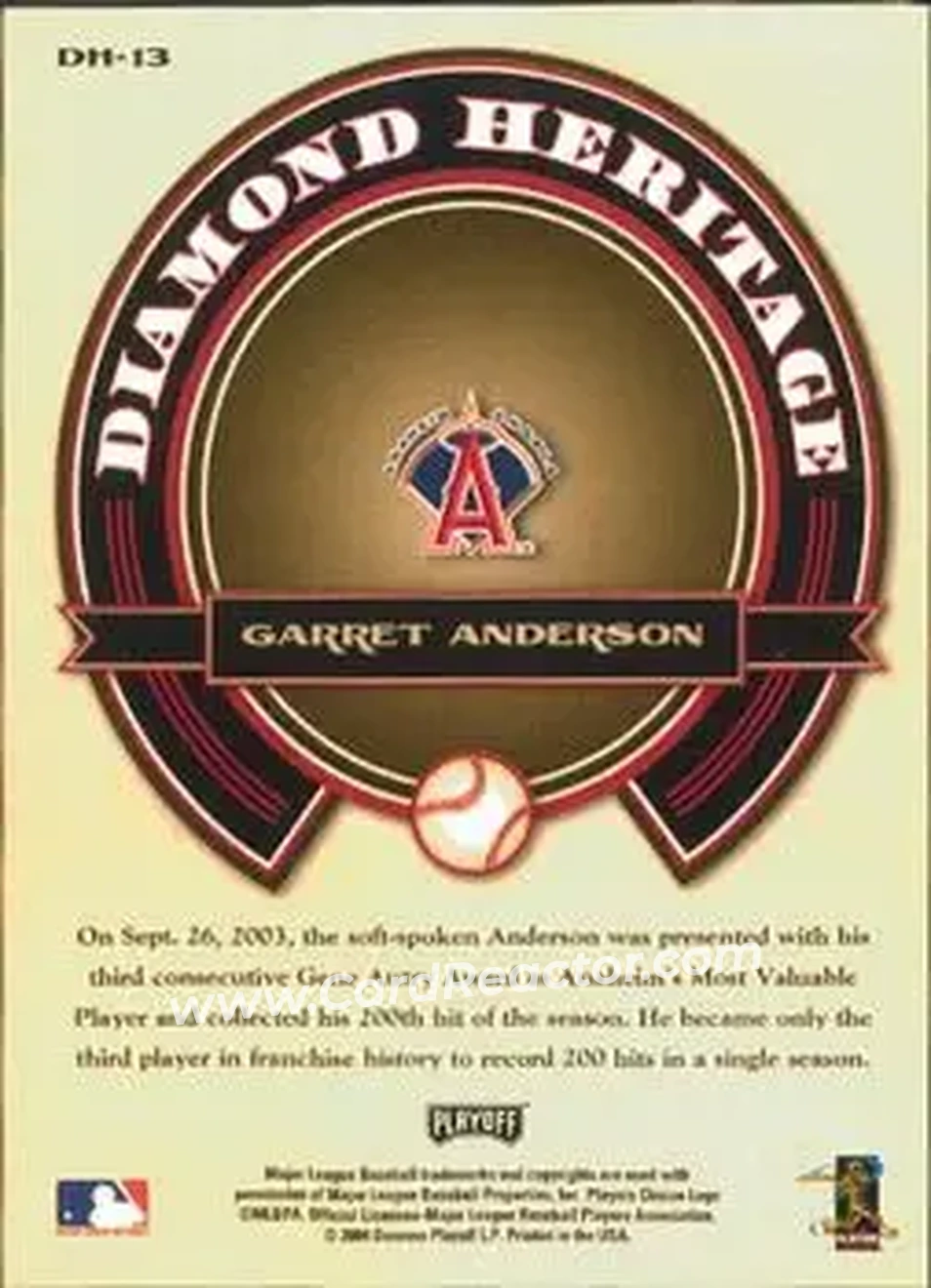 2004 Playoff Prestige - Diamond Heritage #DH-13 - Garret Anderson - Anaheim Angels - Back