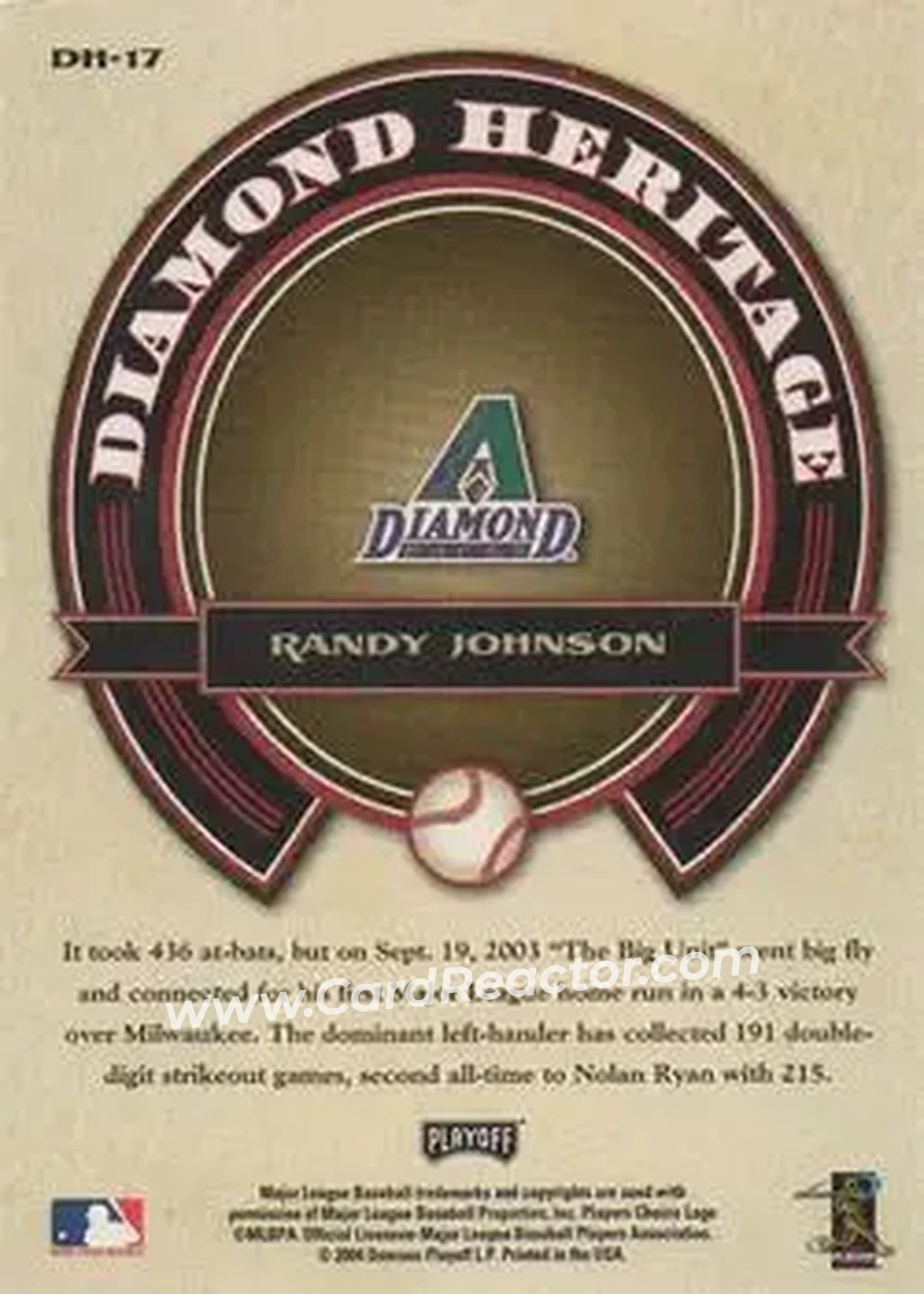 2004 Playoff Prestige - Diamond Heritage #DH-17 - Randy Johnson - Arizona Diamondbacks - Back