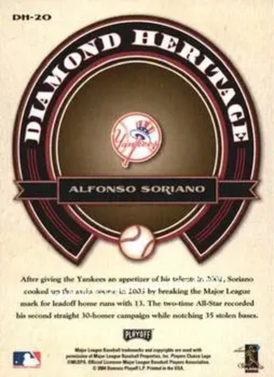 2004 Playoff Prestige - Diamond Heritage #DH-20 - Alfonso Soriano - New York Yankees - Back