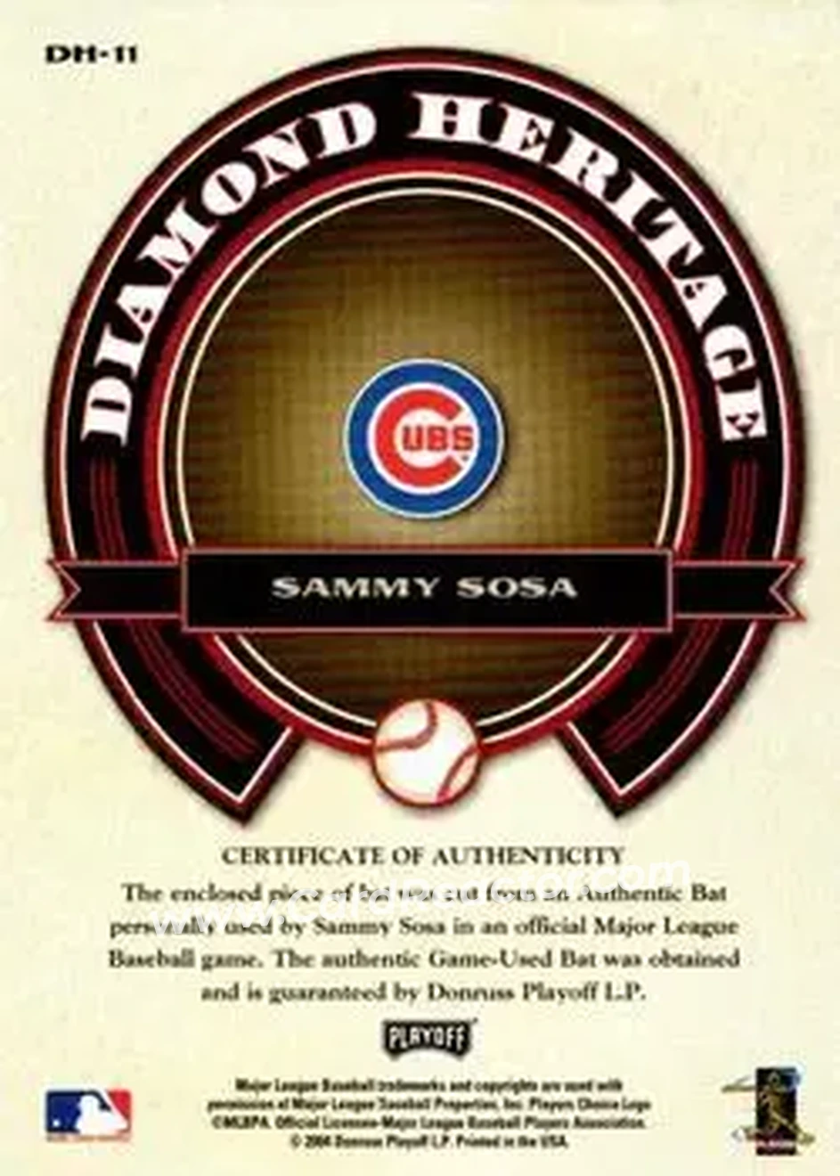 2004 Playoff Prestige - Diamond Heritage Material #DH-11 - Sammy Sosa - Chicago Cubs - Back