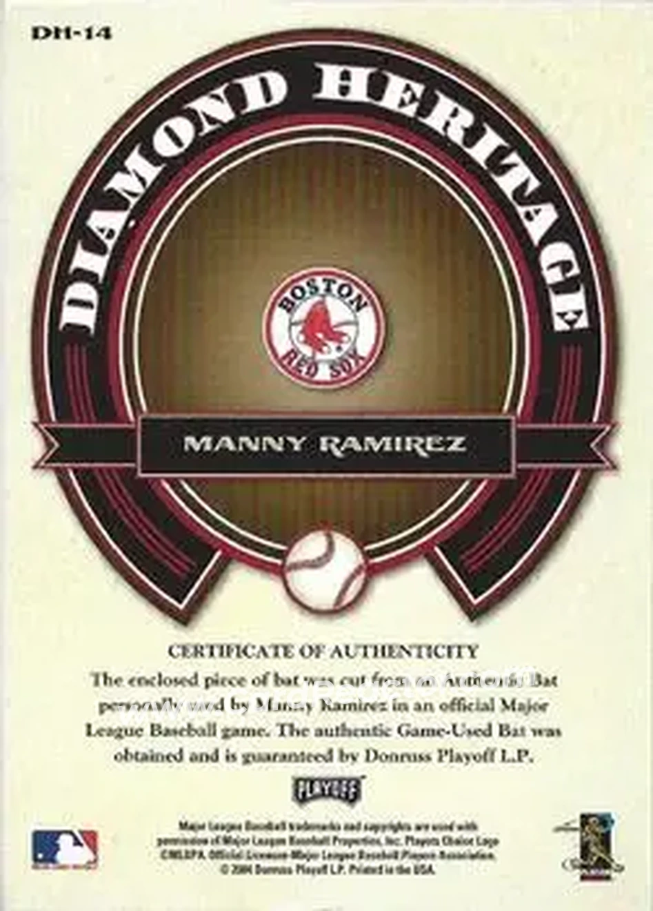 2004 Playoff Prestige - Diamond Heritage Material #DH-14 - Manny Ramirez - Boston Red Sox - Back