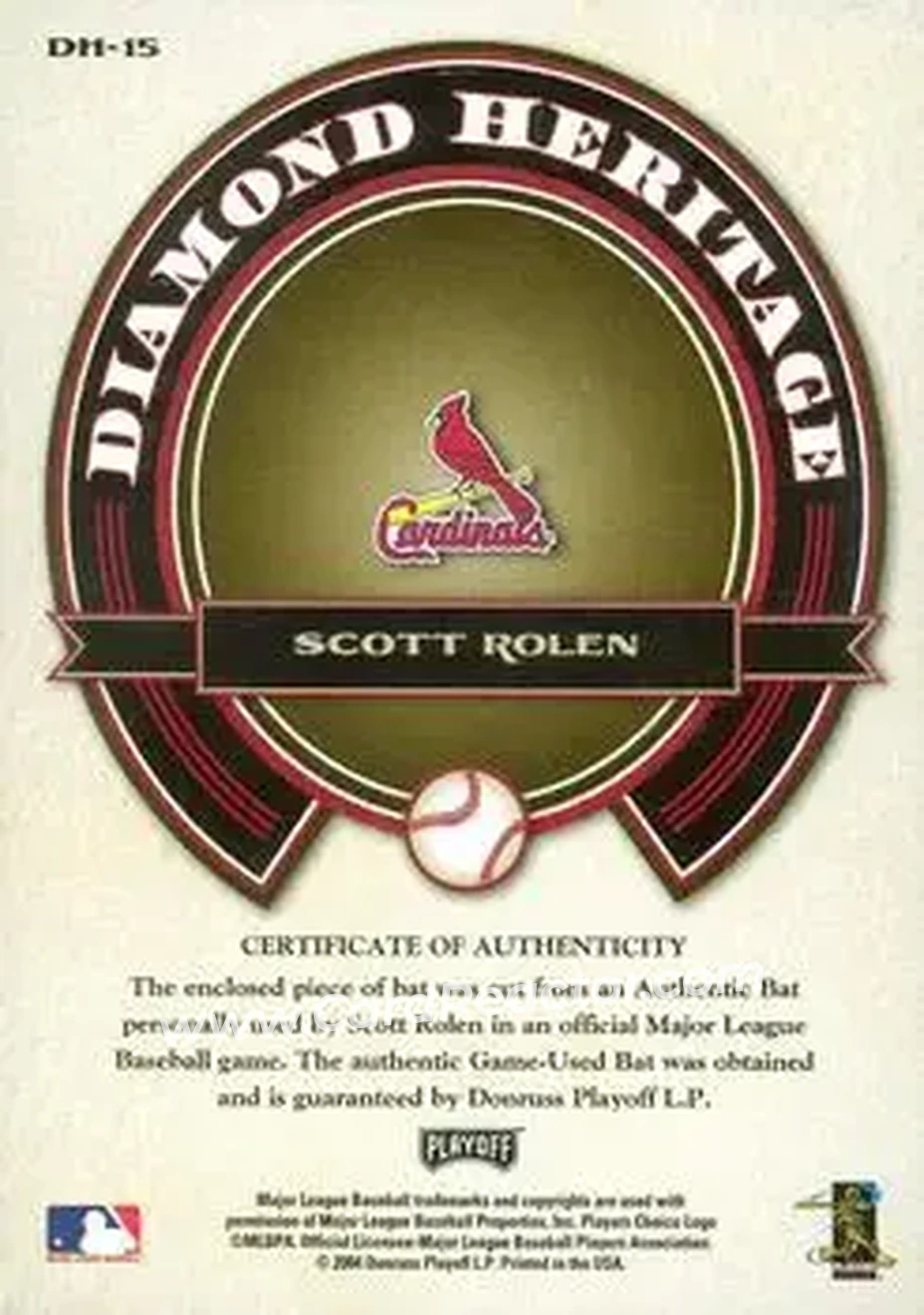 2004 Playoff Prestige - Diamond Heritage Material #DH-15 - Scott Rolen - St. Louis Cardinals - Back