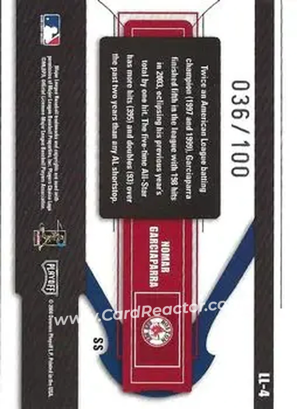 2004 Playoff Prestige - League Leaders Single Foil #LL-4 - Nomar Garciaparra - Boston Red Sox - Back