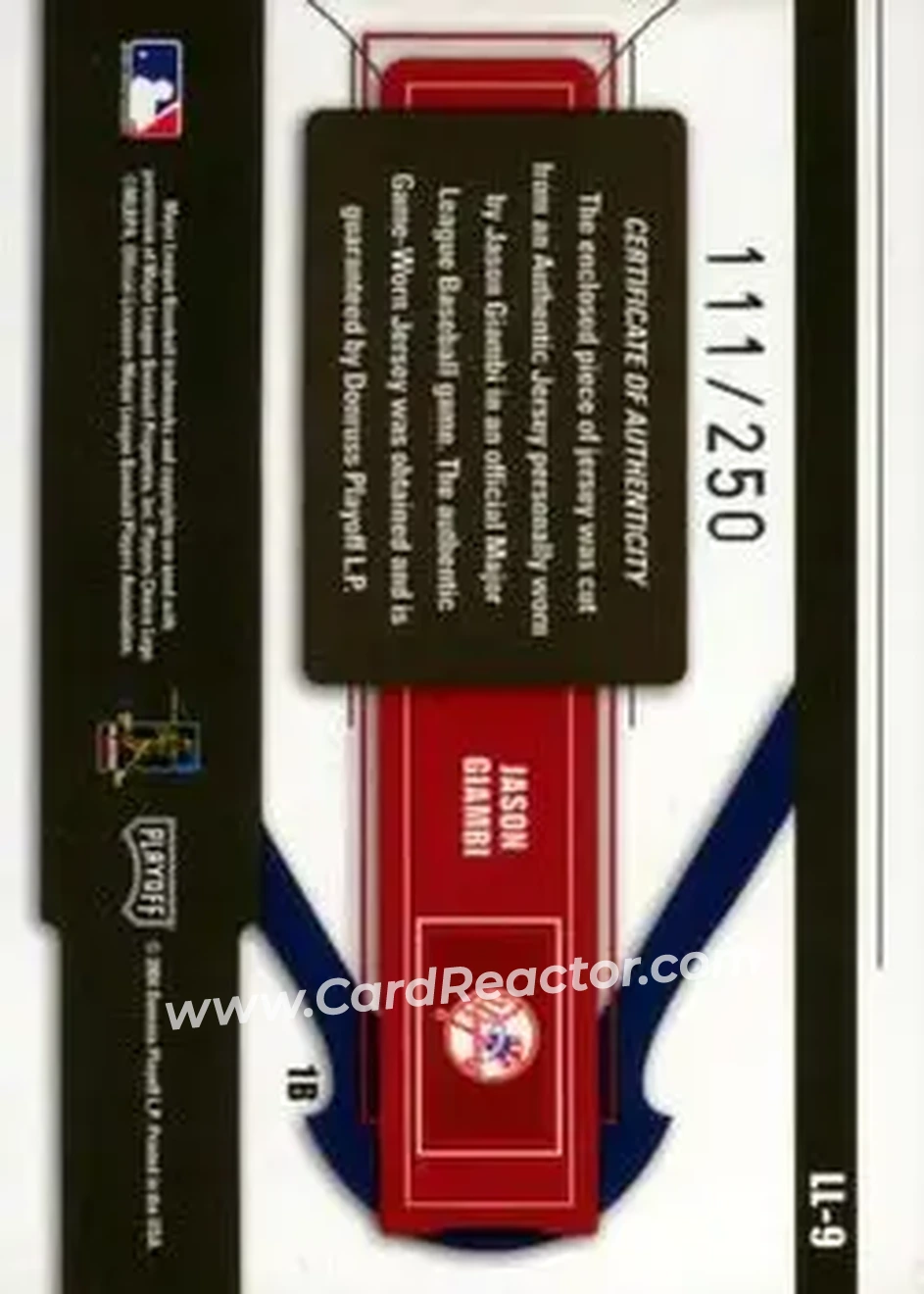 2004 Playoff Prestige - League Leaders Single Material #LL-9 - Jason Giambi - New York Yankees - Back