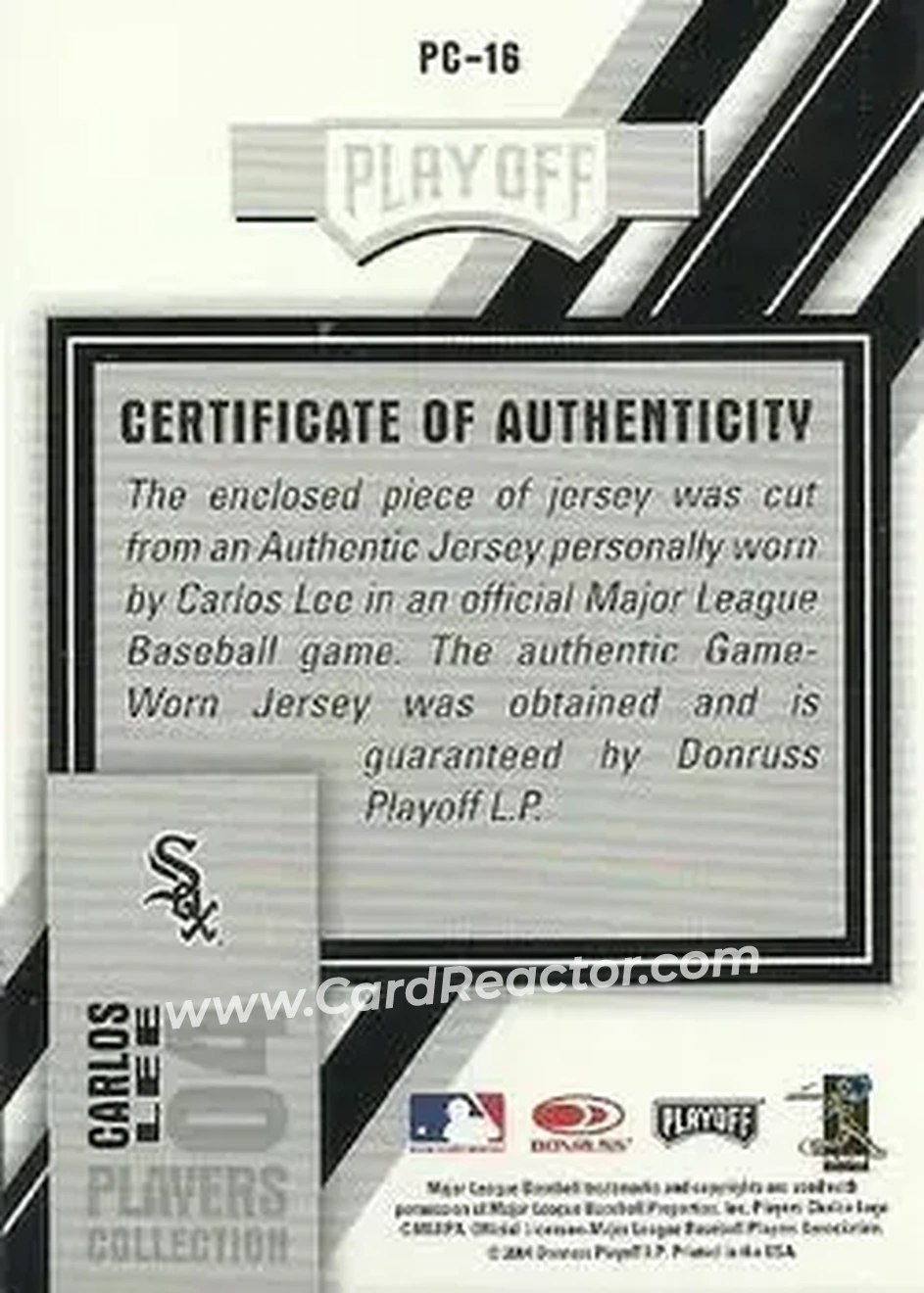 2004 Playoff Prestige - Players Collection Jersey #PC-16 - Carlos Lee - Chicago White Sox - Back 2004 Playoff Prestige - Players Collection Jersey #PC-16 - Carlos Lee - Chicago White Sox - Back