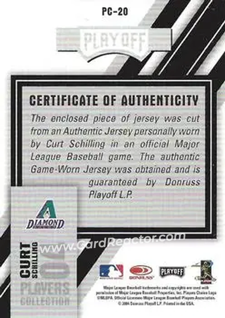 2004 Playoff Prestige - Players Collection Jersey #PC-20 - Curt Schilling - Arizona Diamondbacks - Back