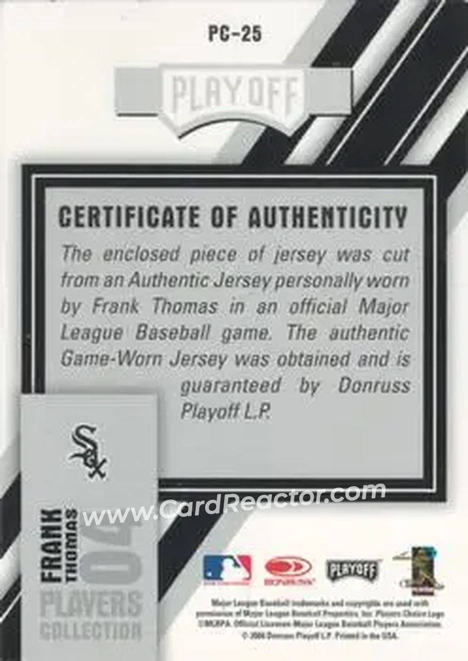 2004 Playoff Prestige - Players Collection Jersey #PC-25 - Frank Thomas - Chicago White Sox - Back