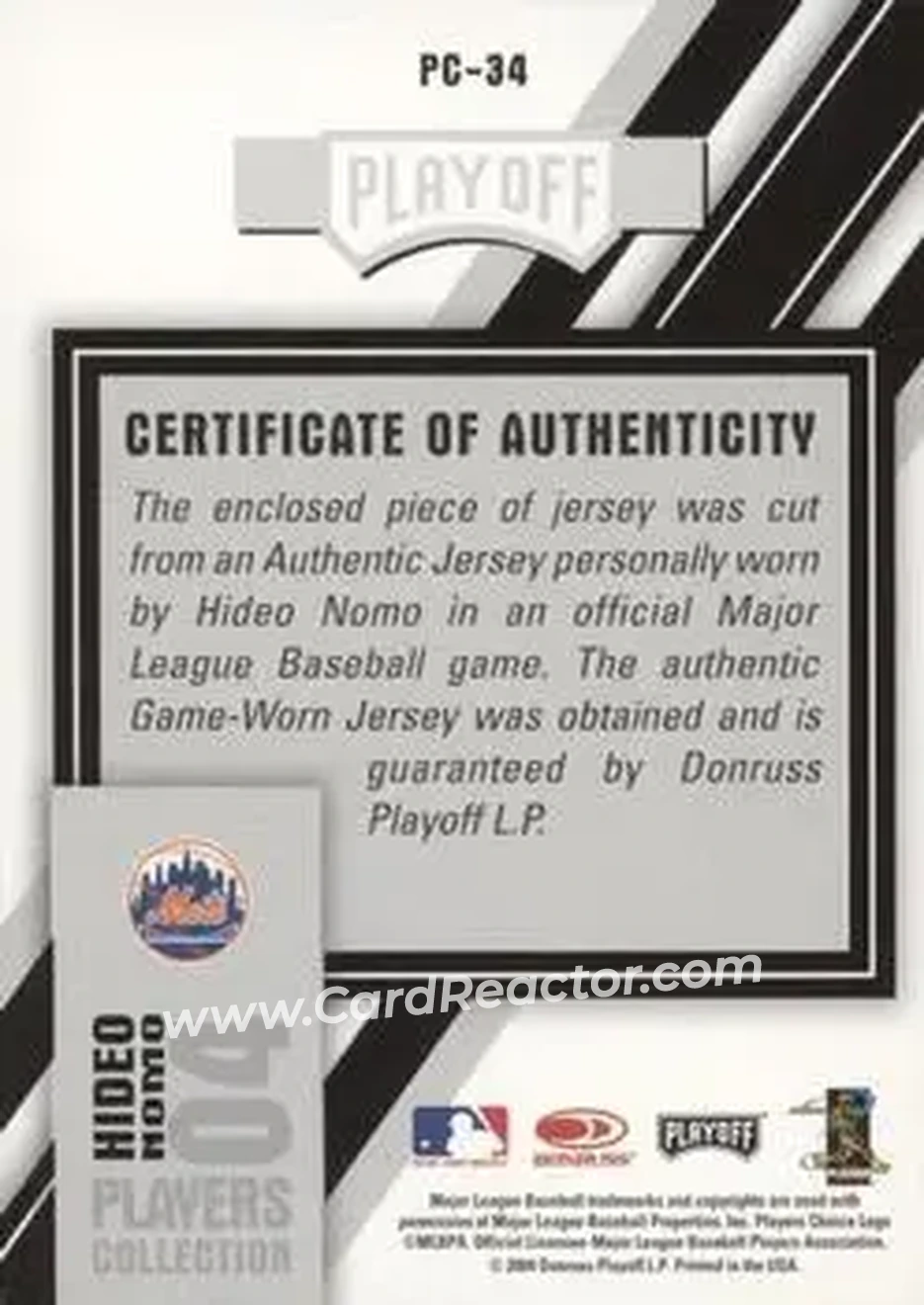2004 Playoff Prestige - Players Collection Jersey #PC-34 - Hideo Nomo - New York Mets - Back