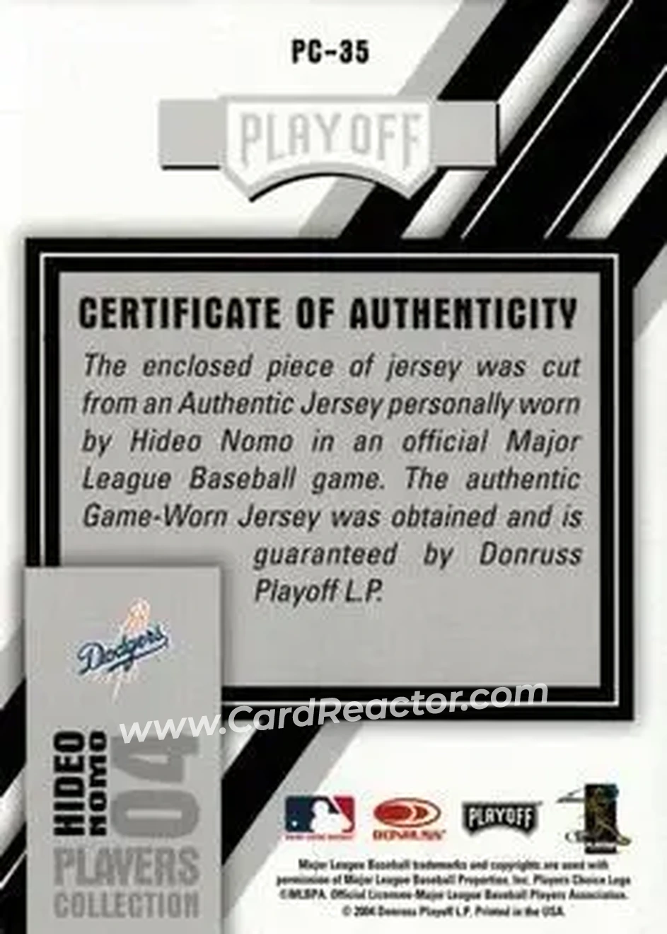 2004 Playoff Prestige - Players Collection Jersey #PC-35 - Hideo Nomo - Los Angeles Dodgers - Back