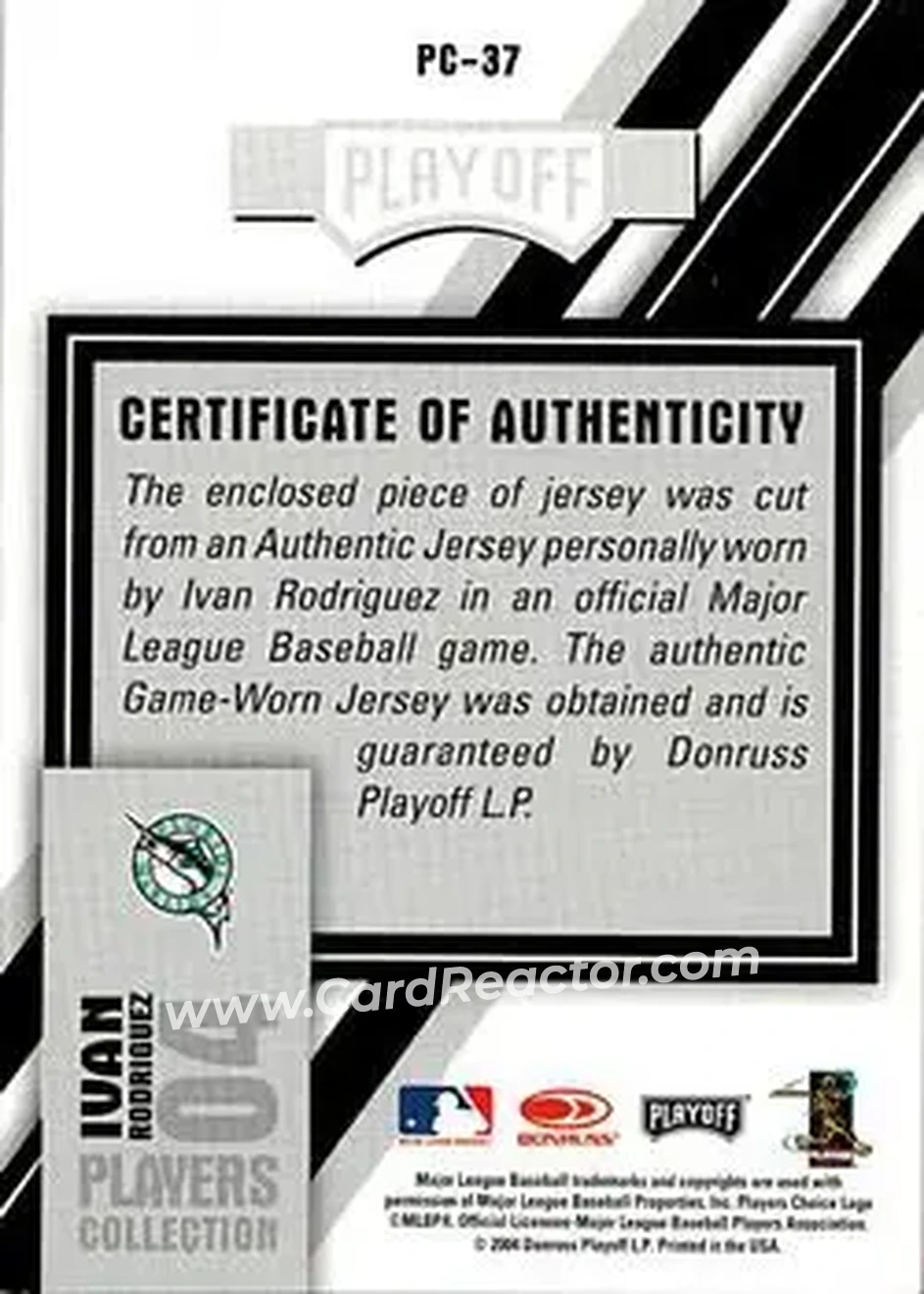 2004 Playoff Prestige - Players Collection Jersey #PC-37 - Ivan Rodriguez - Florida Marlins - Back