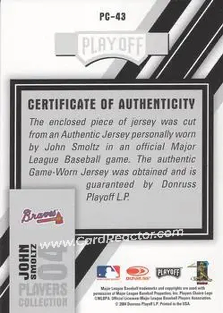 2004 Playoff Prestige - Players Collection Jersey #PC-43 - John Smoltz - Atlanta Braves - Back