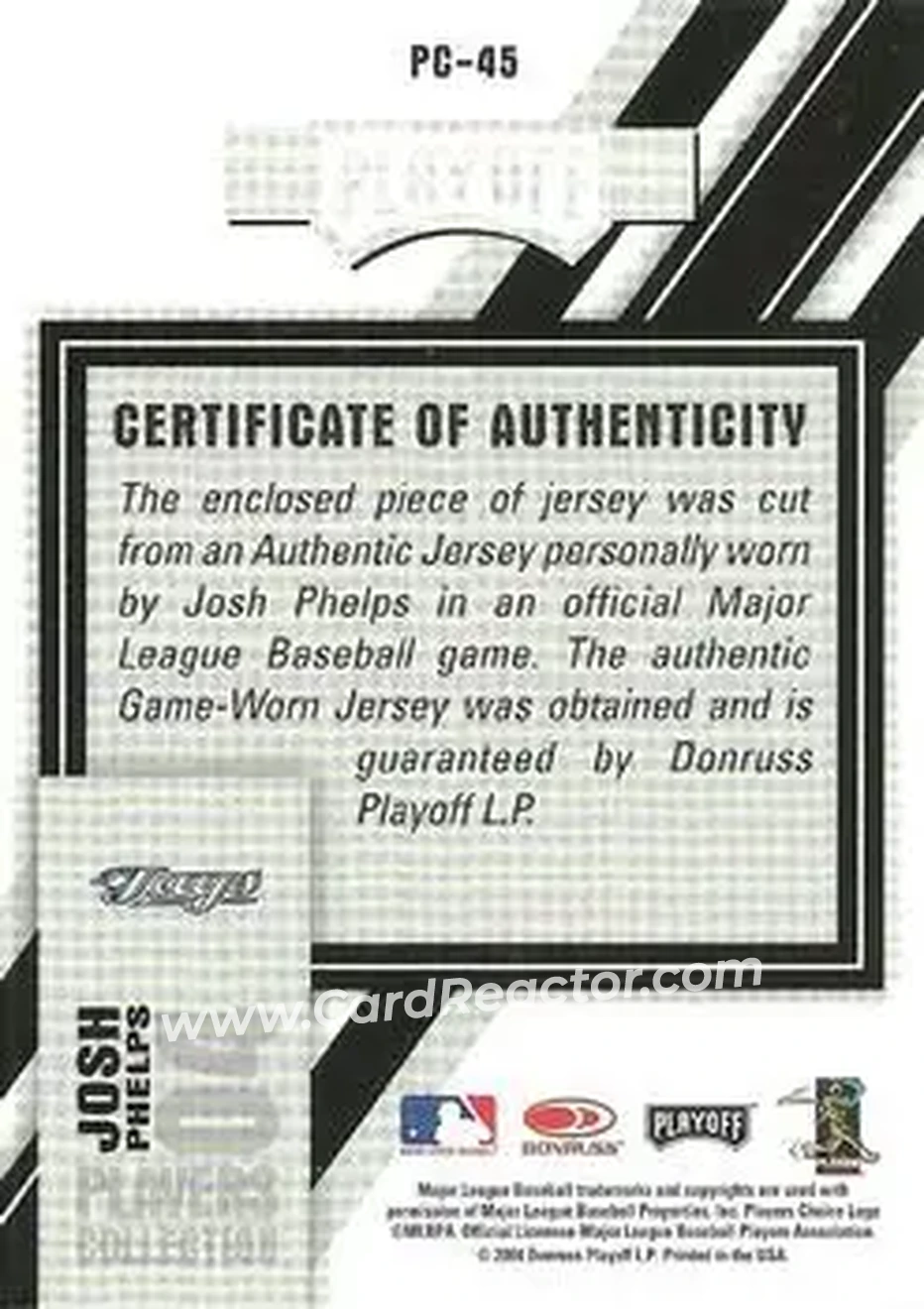 2004 Playoff Prestige - Players Collection Jersey #PC-45 - Josh Phelps - Toronto Blue Jays - Back