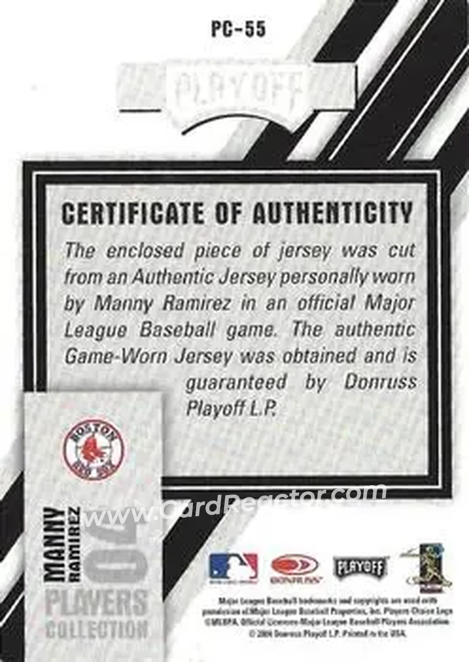 2004 Playoff Prestige - Players Collection Jersey #PC-55 - Manny Ramirez - Boston Red Sox - Back