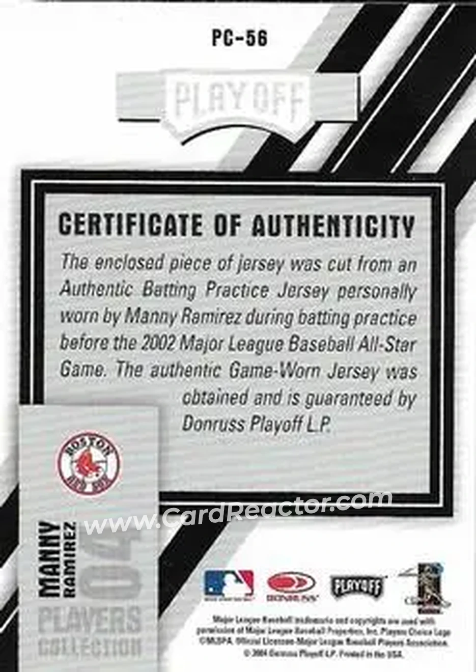 2004 Playoff Prestige - Players Collection Jersey #PC-56 - Manny Ramirez - Boston Red Sox - Back