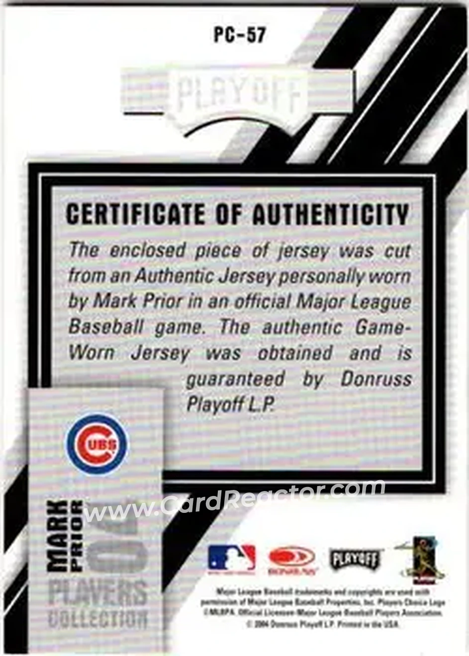 2004 Playoff Prestige - Players Collection Jersey #PC-57 - Mark Prior - Chicago Cubs - Back