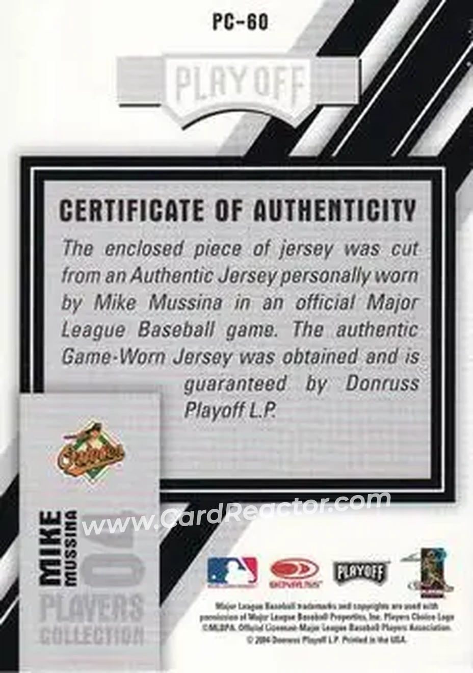 2004 Playoff Prestige - Players Collection Jersey #PC-60 - Mike Mussina - Baltimore Orioles - Back 2004 Playoff Prestige - Players Collection Jersey #PC-60 - Mike Mussina - Baltimore Orioles - Back