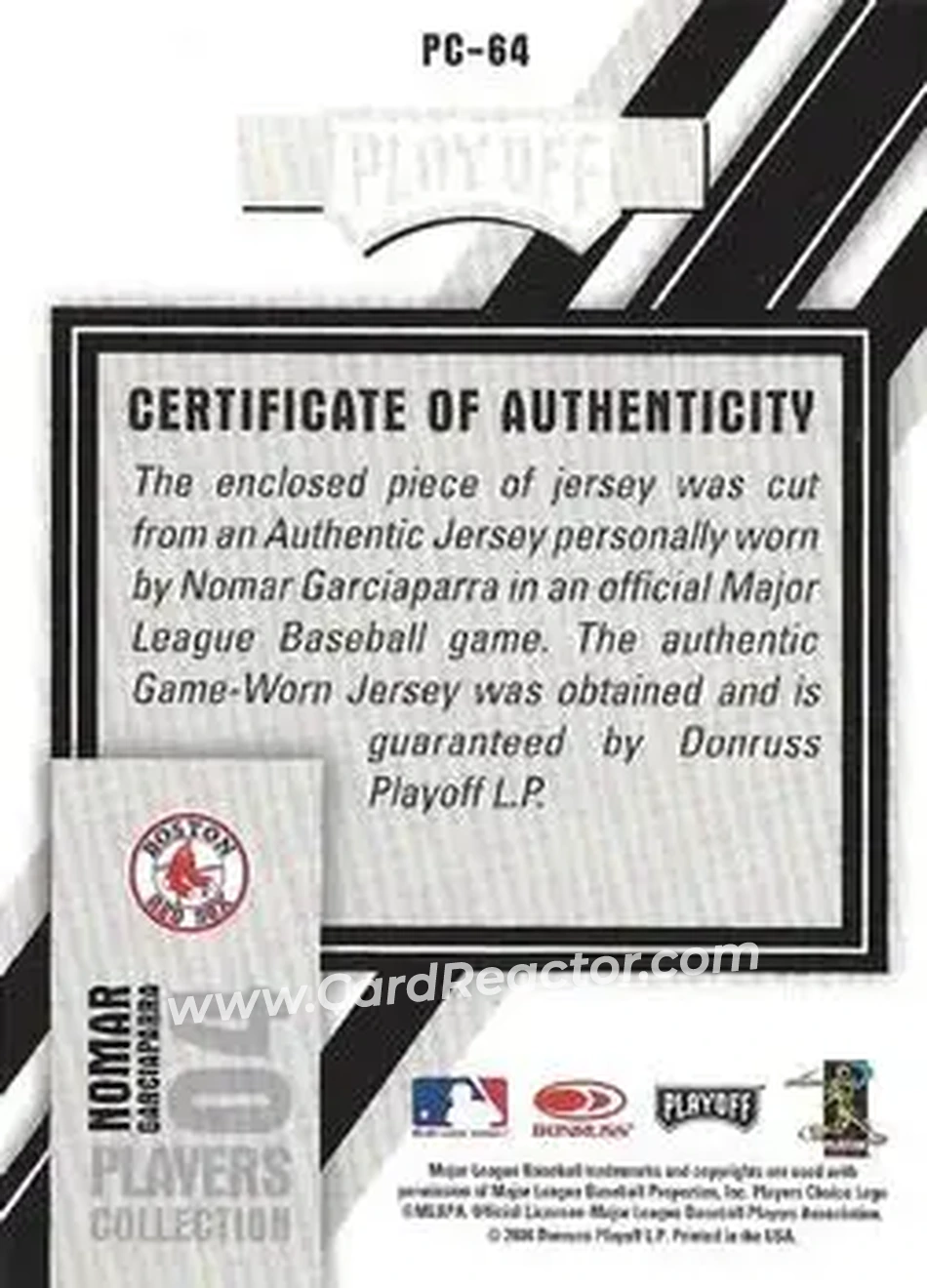 2004 Playoff Prestige - Players Collection Jersey #PC-64 - Nomar Garciaparra - Boston Red Sox - Back