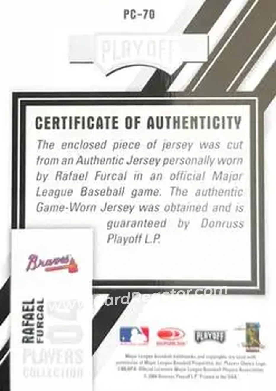 2004 Playoff Prestige - Players Collection Jersey #PC-70 - Rafael Furcal - Atlanta Braves - Back