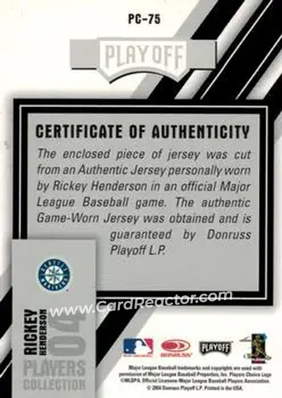 2004 Playoff Prestige - Players Collection Jersey #PC-75 - Rickey Henderson - Seattle Mariners - Back