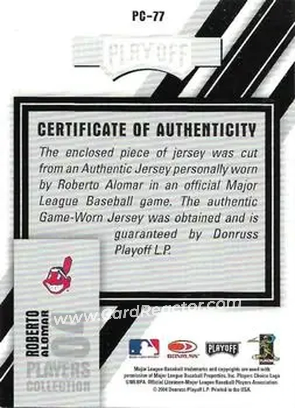 2004 Playoff Prestige - Players Collection Jersey #PC-77 - Roberto Alomar - Cleveland Indians - Back