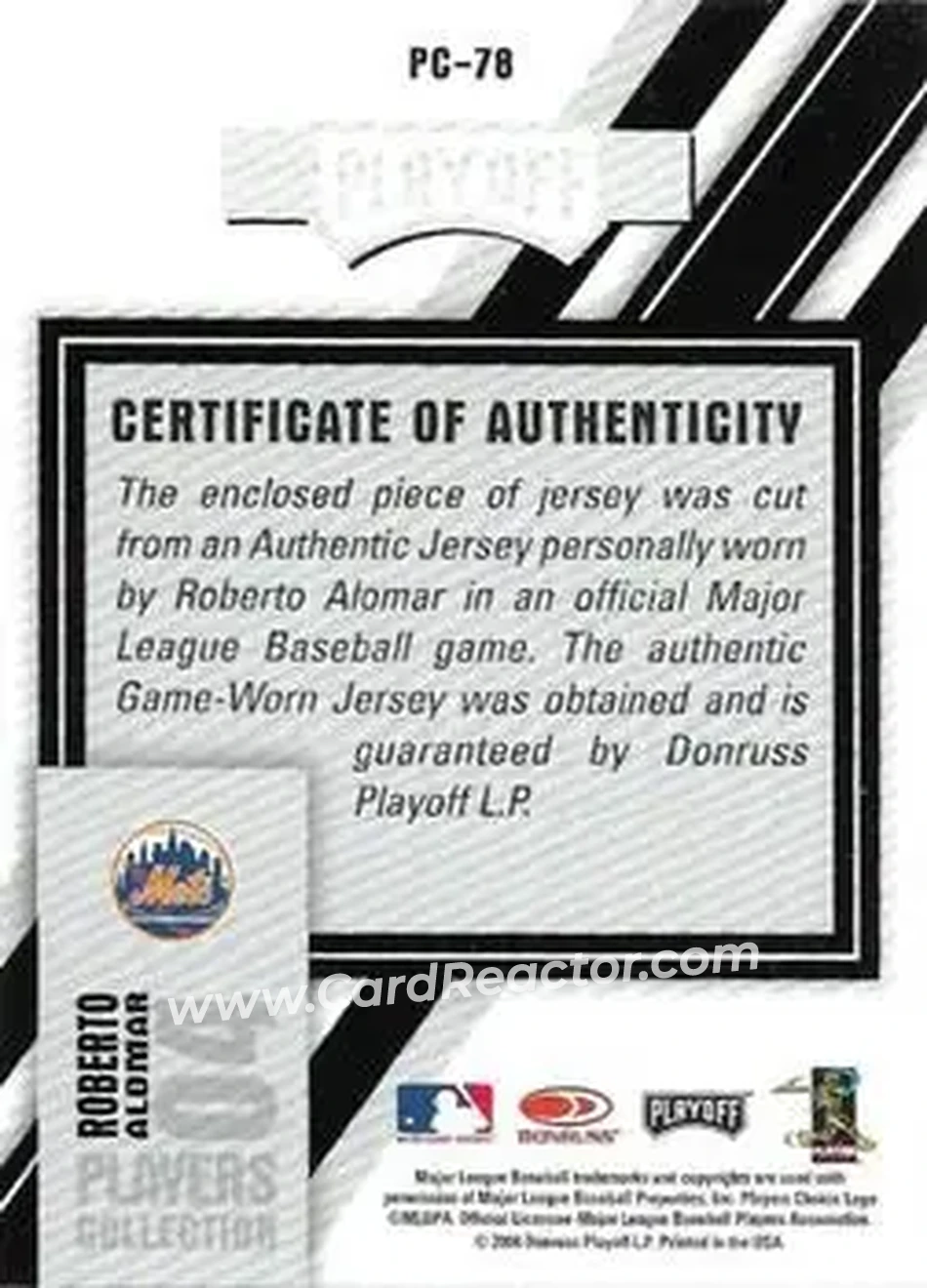 2004 Playoff Prestige - Players Collection Jersey #PC-78 - Roberto Alomar - New York Mets - Back