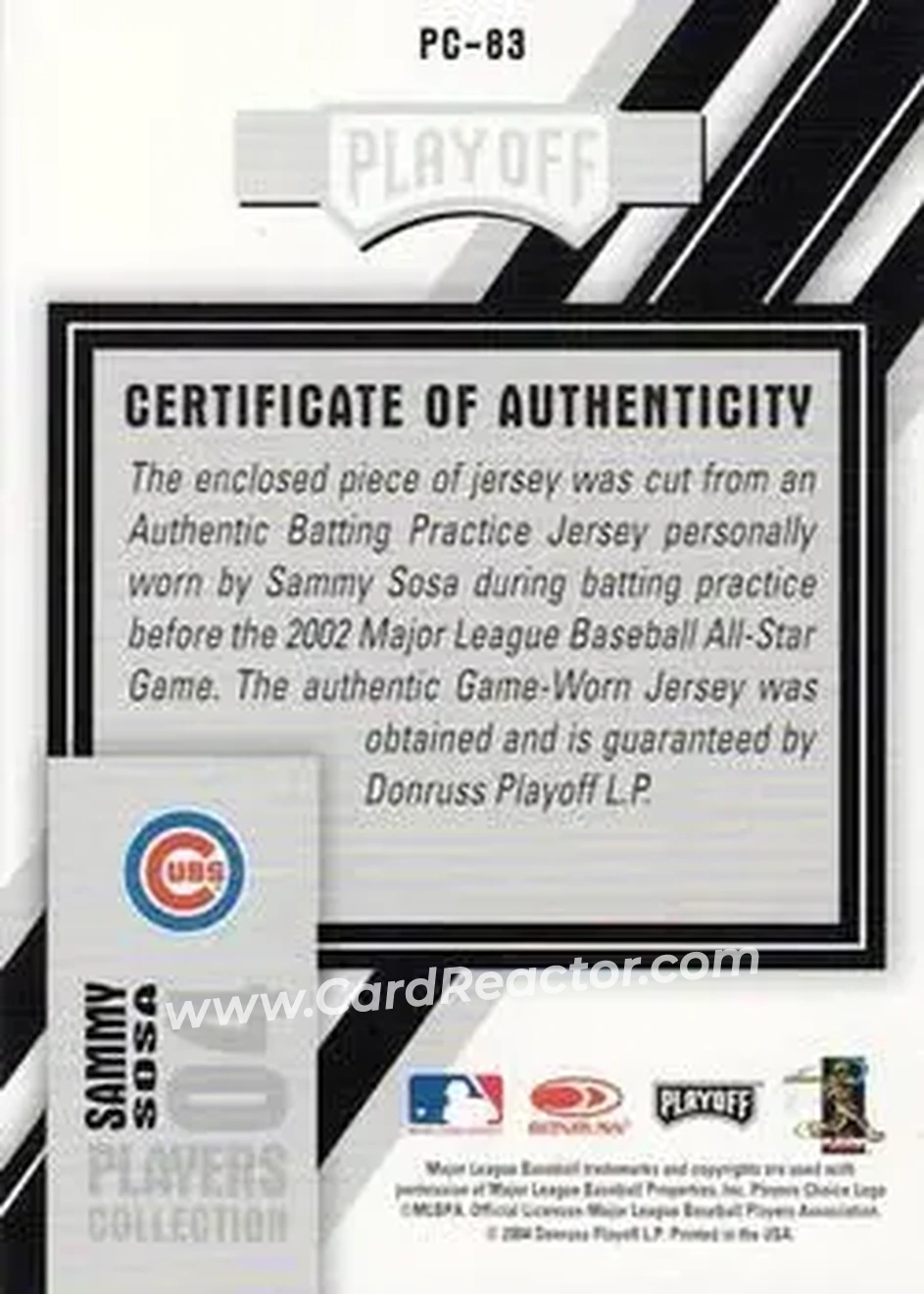 2004 Playoff Prestige - Players Collection Jersey #PC-83 - Sammy Sosa - Chicago Cubs - Back