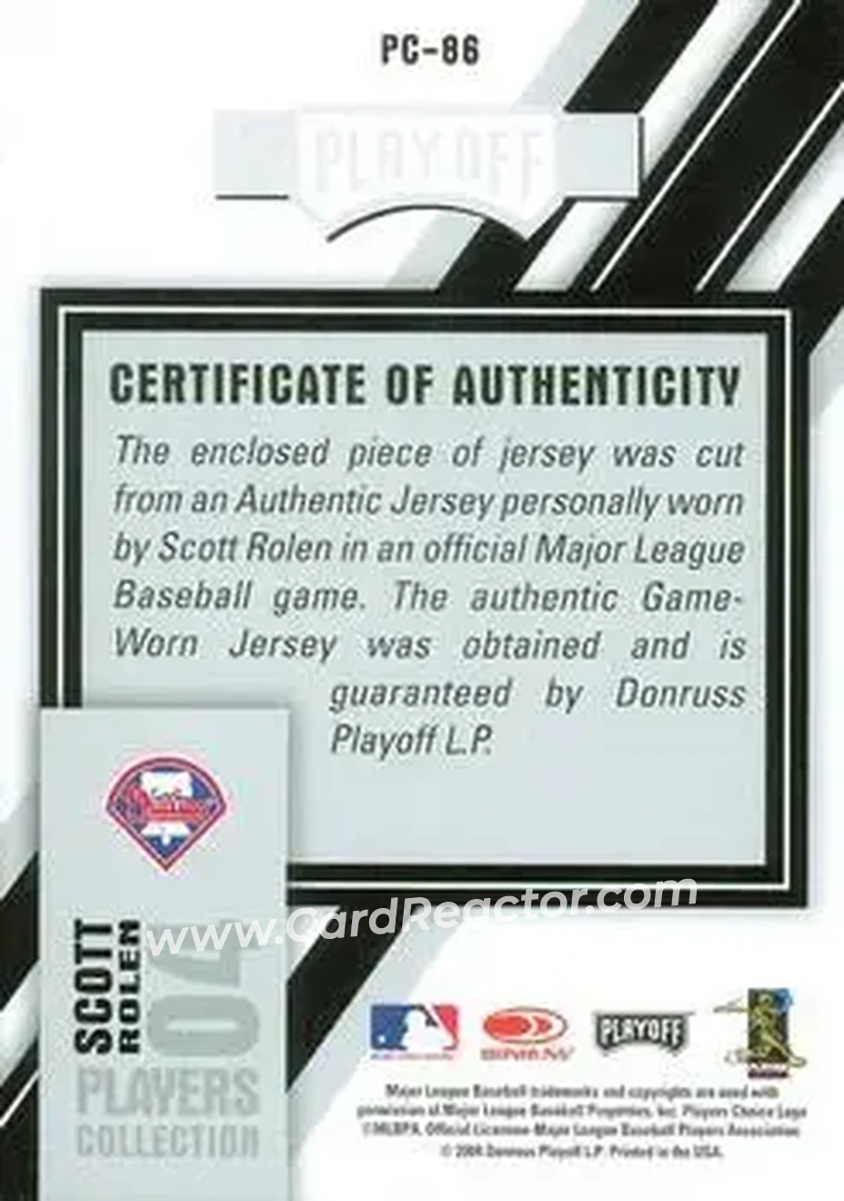 2004 Playoff Prestige - Players Collection Jersey #PC-86 - Scott Rolen - Philadelphia Phillies - Back