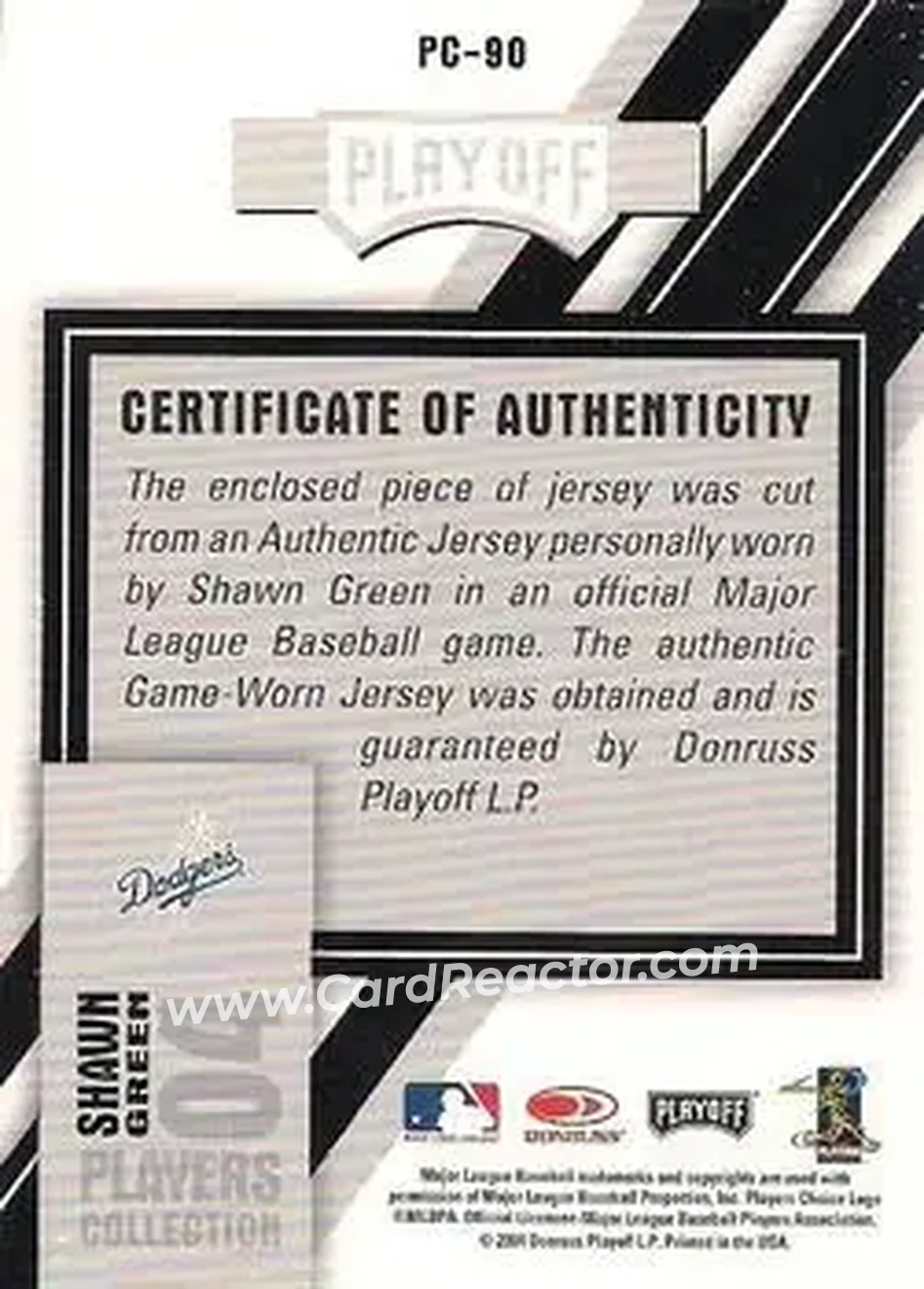 2004 Playoff Prestige - Players Collection Jersey #PC-90 - Shawn Green - Los Angeles Dodgers - Back