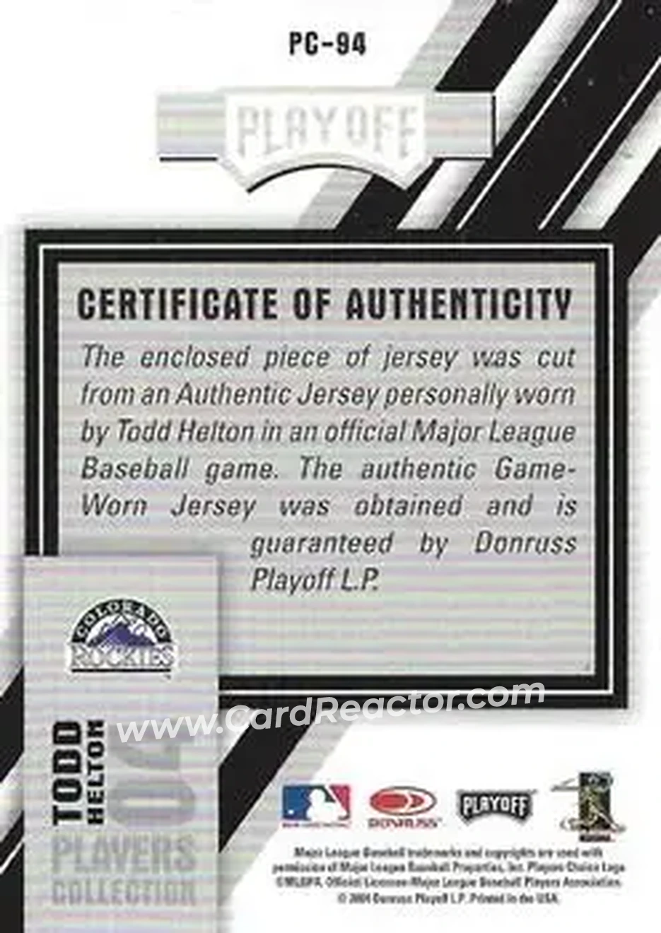 2004 Playoff Prestige - Players Collection Jersey #PC-94 - Todd Helton - Colorado Rockies - Back