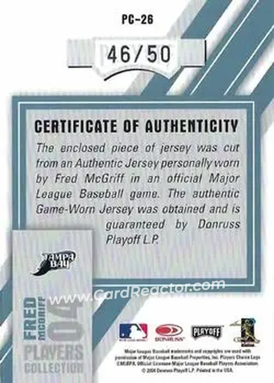 2004 Playoff Prestige - Players Collection Jersey Platinum #PC-26 - Fred McGriff - Tampa Bay Devil Rays - Back