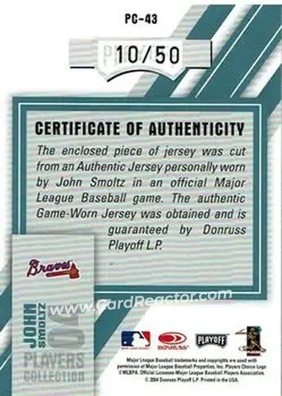 2004 Playoff Prestige - Players Collection Jersey Platinum #PC-43 - John Smoltz - Atlanta Braves - Back