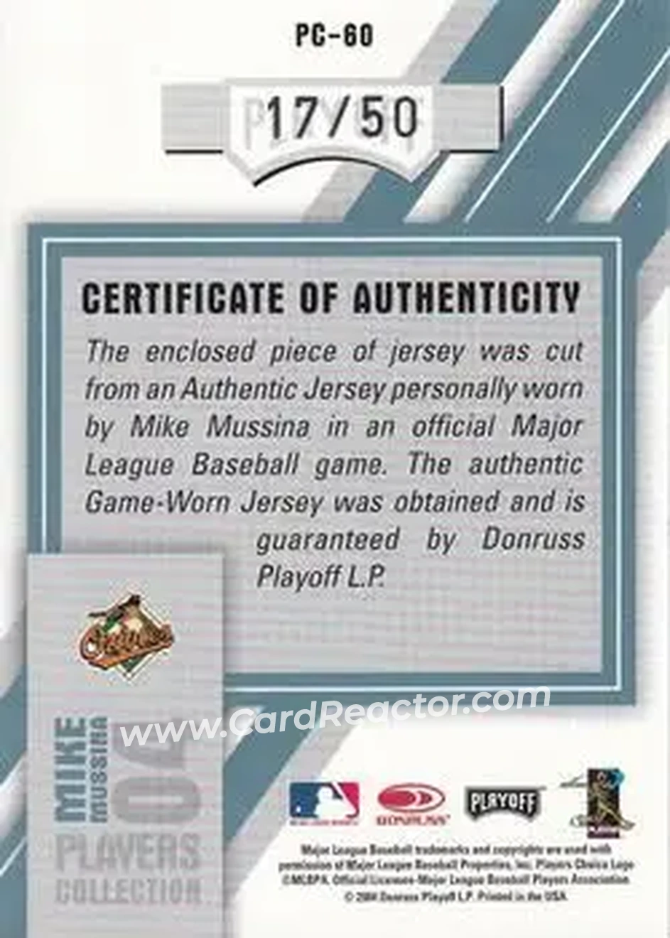 2004 Playoff Prestige - Players Collection Jersey Platinum #PC-60 - Mike Mussina - Baltimore Orioles - Back