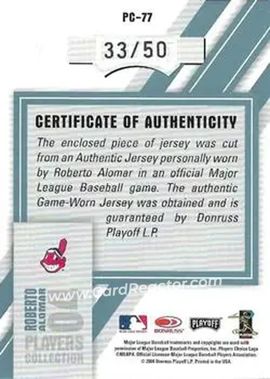 2004 Playoff Prestige - Players Collection Jersey Platinum #PC-77 - Roberto Alomar - Cleveland Indians - Back
