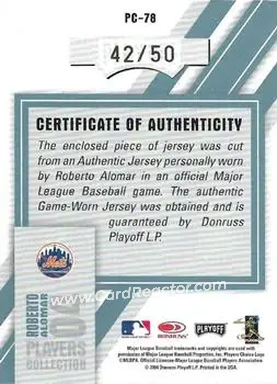 2004 Playoff Prestige - Players Collection Jersey Platinum #PC-78 - Roberto Alomar - New York Mets - Back 2004 Playoff Prestige - Players Collection Jersey Platinum #PC-78 - Roberto Alomar - New York Mets - Back